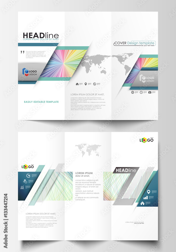 Tri-fold brochure business templates on both sides. Easy editable layout in flat style, vector illustration. Colorful background with abstract waves, lines. Bright color curves. Motion design.