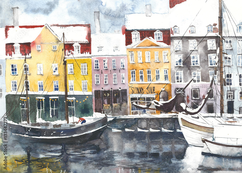 Obraz Akwarela krajobrazowa Kopenhaga głąbika kartka z pozdrowieniami miastowa ilustracja