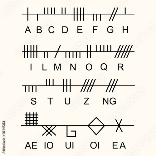 Set of old sacred celtic Ogham alphabet. Ancient occult symbols,