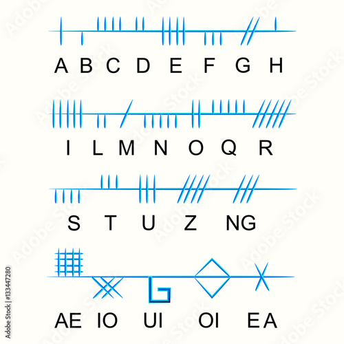 Set of old sacred celtic Ogham alphabet. Ancient occult symbols,