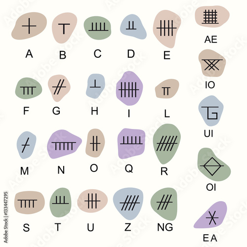 Set of old sacred celtic Ogham alphabet. Ancient occult symbols,