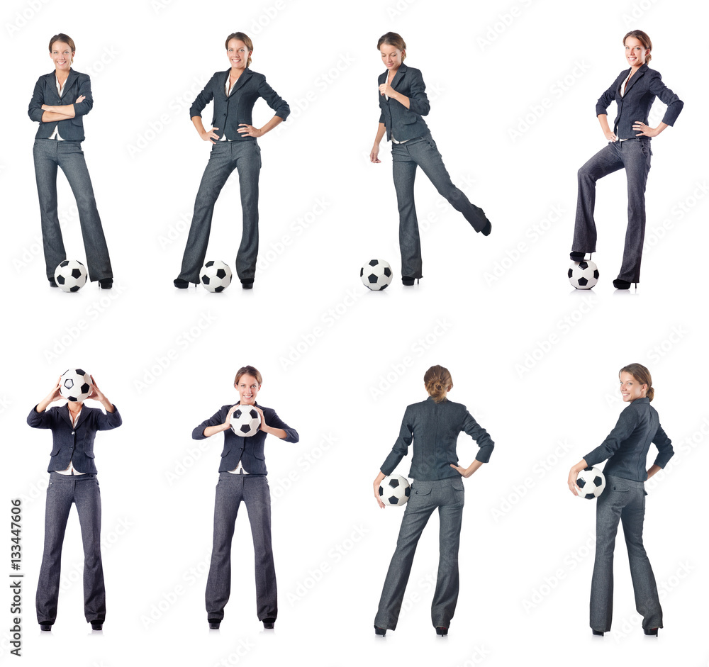 Obraz premium Businesswoman with football on white
