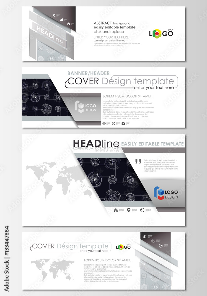 Social media and email headers set, modern banners. Business templates. Flat layouts in popular sizes. High tech design, connecting system. Science, technology concept. Futuristic vector background.