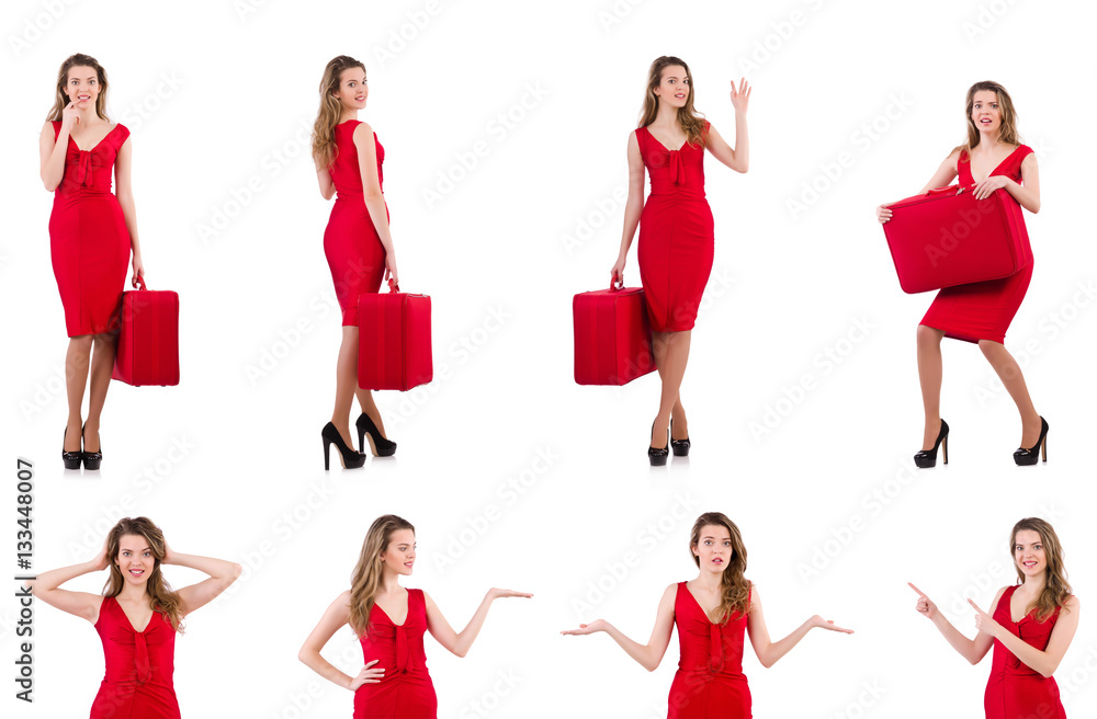 Young woman in red dress with suitcase isolated on white Young woman in red dress with suitcase isolated on white