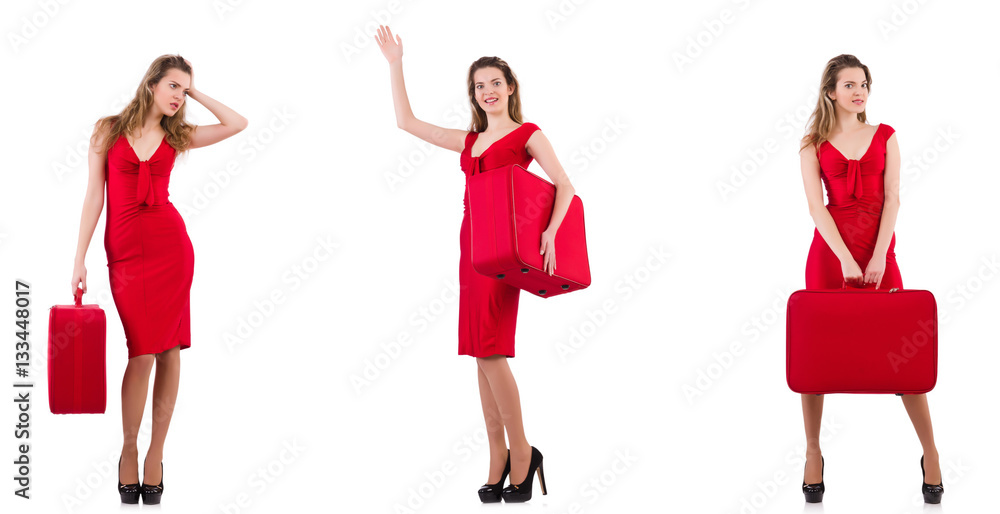 Young woman in red dress with suitcase isolated on white Young woman in red dress with suitcase isolated on white
