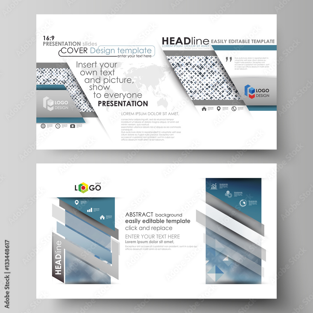 Business templates in HD format for presentation slides. Vector layouts in flat style. Blue color pattern with rhombuses, abstract design geometrical background. Simple modern stylish texture.