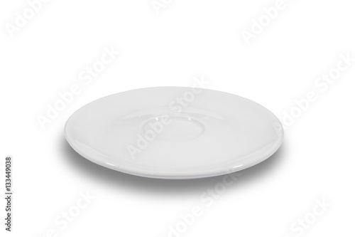 Flat white shallow porcelain saucer on white background from side