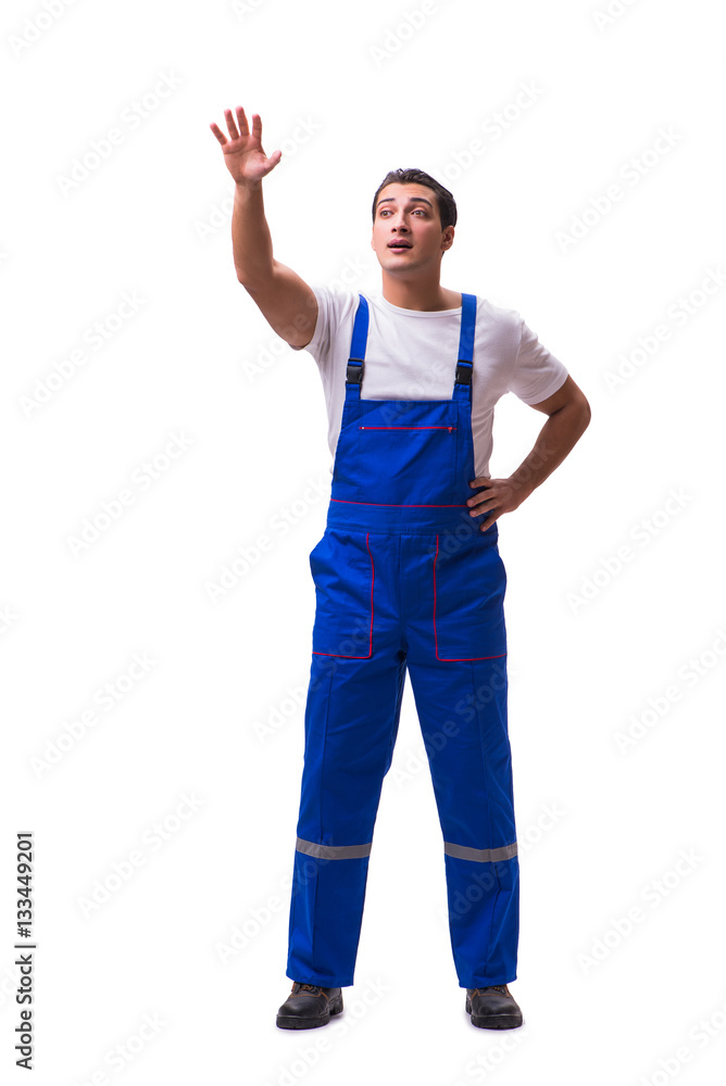 Handsome repairman wearing blue coveralls on white Handsome repairman wearing blue coveralls on white