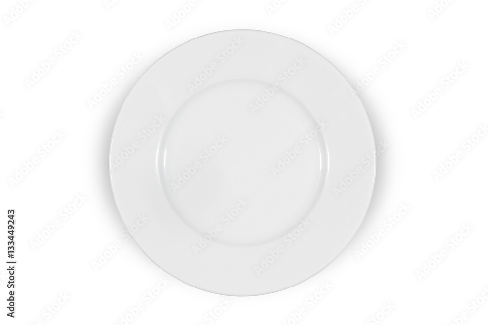 Flat white shallow porcelain plate with wide shoulders on white background directly from above Flat white shallow porcelain plate with wide shoulders on white background directly from above
