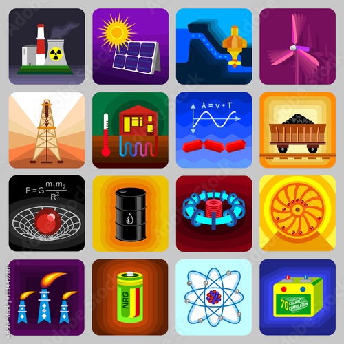 Energy sources items icons set, flat style