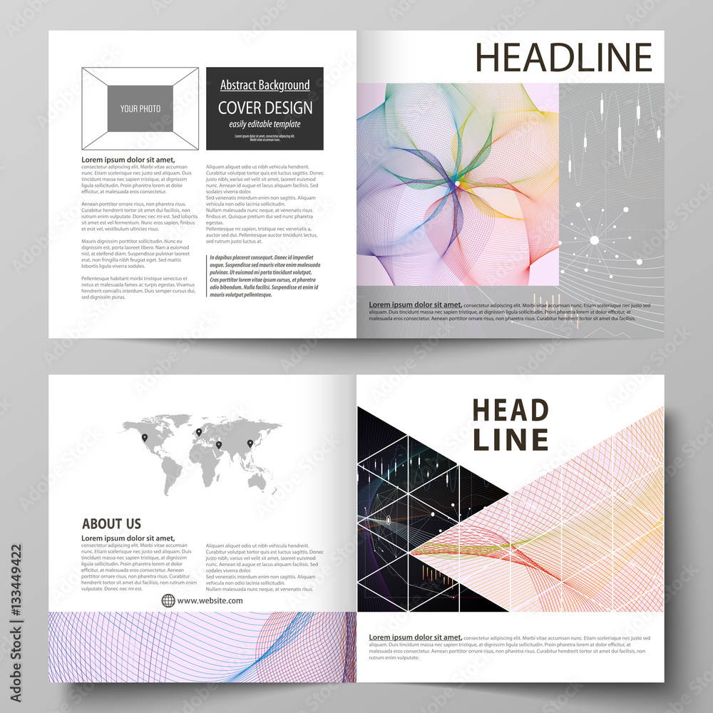 Business templates for square design bi fold brochure, flyer, annual report. Leaflet cover, vector layout. Colorful abstract infographic background made from lines, symbols, charts, other elements.