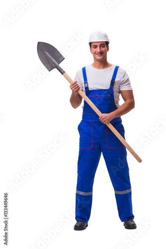 Repairman with spade isolated on white