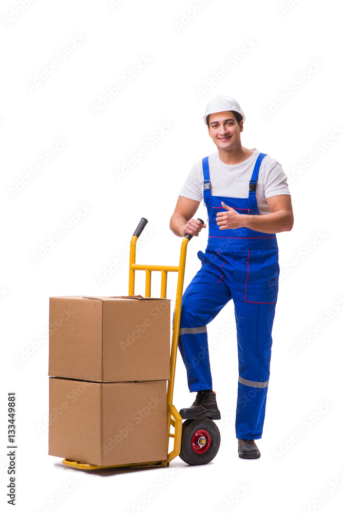 Man delivering box isolated on white