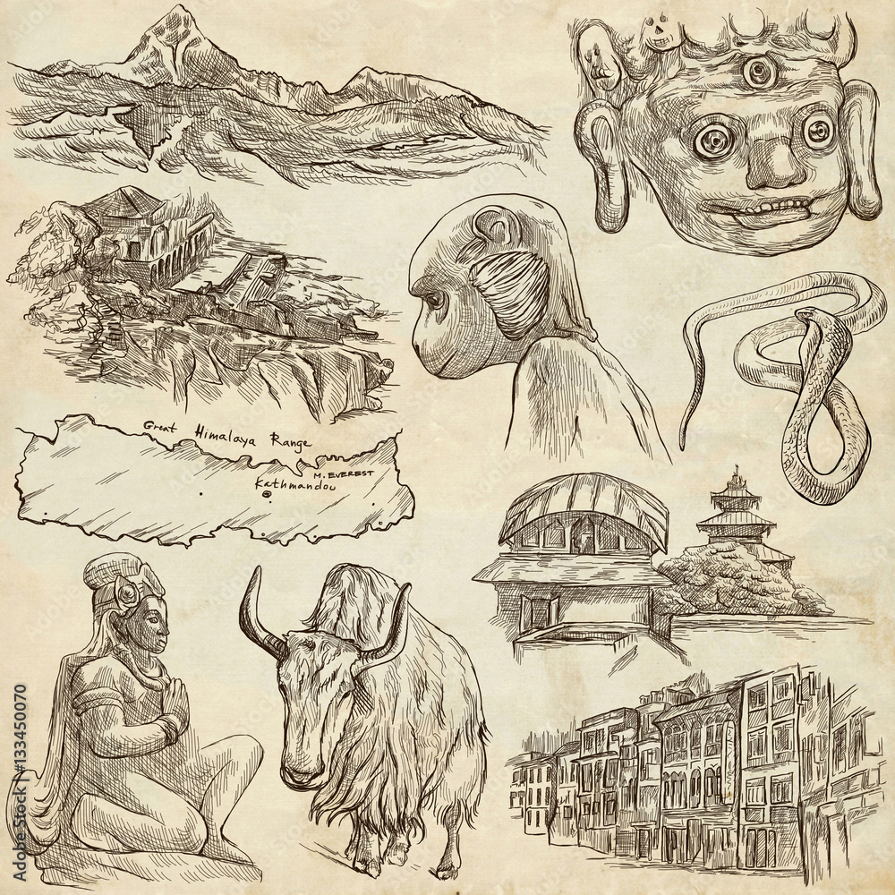 Nepal - Pictures of life. Travel. Full sized hand drawings, orig Stock ...