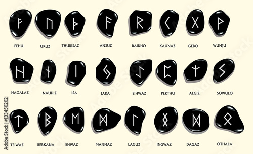 Set of Old Norse Scandinavian runes carved in stone. Runic alpha