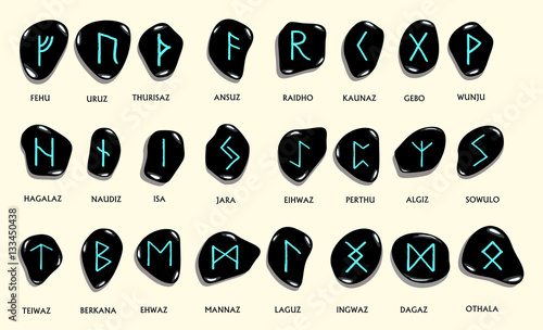 Set of Old Norse Scandinavian runes carved in stone. Runic alpha