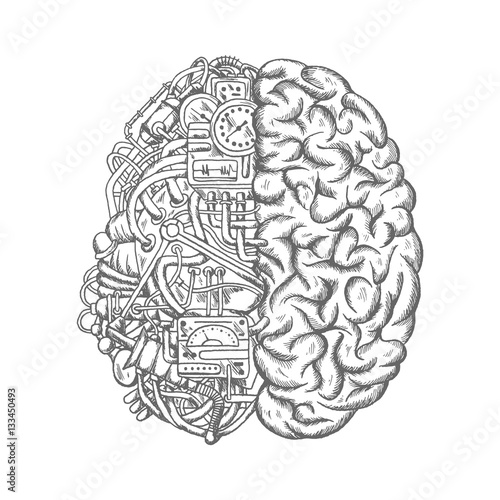 Human brain mechanism engine gears vector sketch