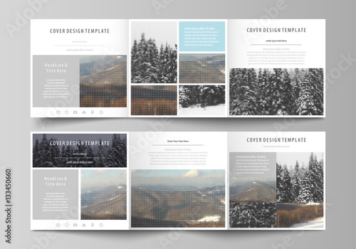 Business templates for tri fold square design brochures. Leaflet cover, flat layout, easy editable vector. Abstract landscape of nature. Dark color pattern in vintage style, mosaic texture.