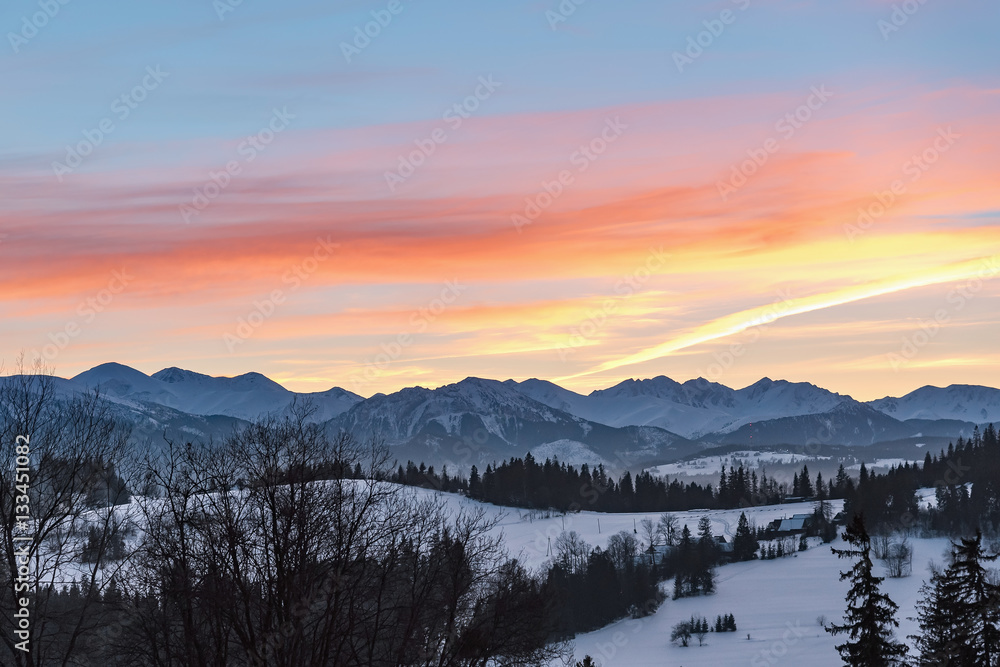Winter landscape of High Tatra Mountains at dusk