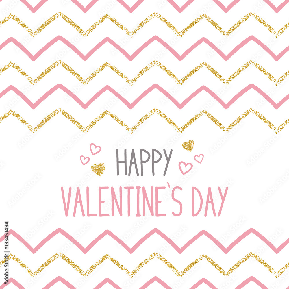 Happy valentine`s day card with golden chevrons and hearts