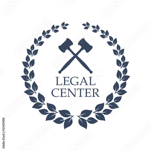 Legal center vector icon of judge gavel and wreath
