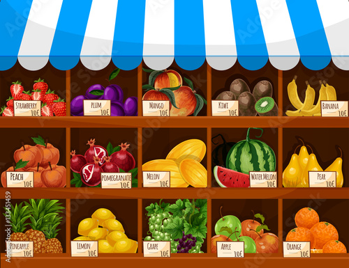 Fruit market vector showcase stand with fruits