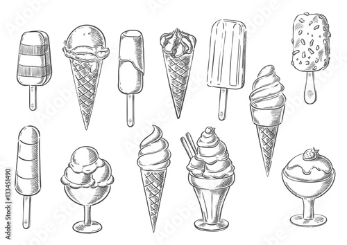 Ice cream desserts sketch vector icons