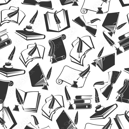 Books and ink quill vector seamless pattern