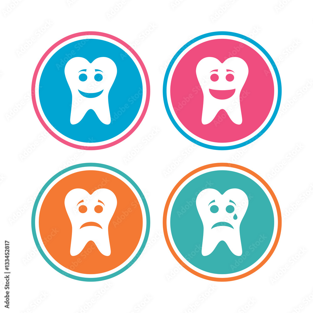 Tooth smile face icons. Happy, sad, cry. Tooth smile face icons. Happy, sad, cry.