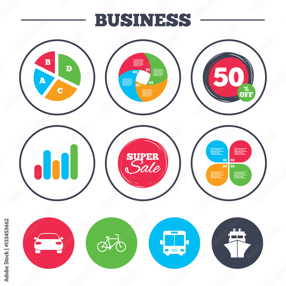 Transport icons. Car, Bicycle, Bus and Ship. Transport icons. Car, Bicycle, Bus and Ship.