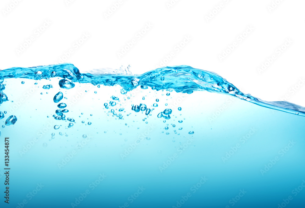 Close up blue Water splash with bubbles on white background Close up blue Water splash with bubbles on white background