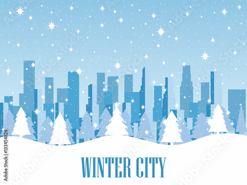 Winter city. Snow-covered metropolis with skyscrapers. Vector illustration.