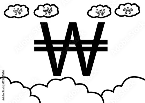 abstract hand draw doodle line in weak of  korea won currency concept in the sky background, vector, illustration flat design, cartoon style, black and white tone