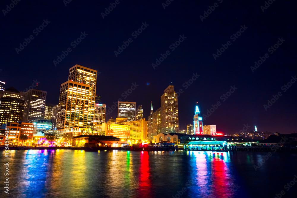 Night view of San Francisco.  Cityscape from Pier 14. Night sky.