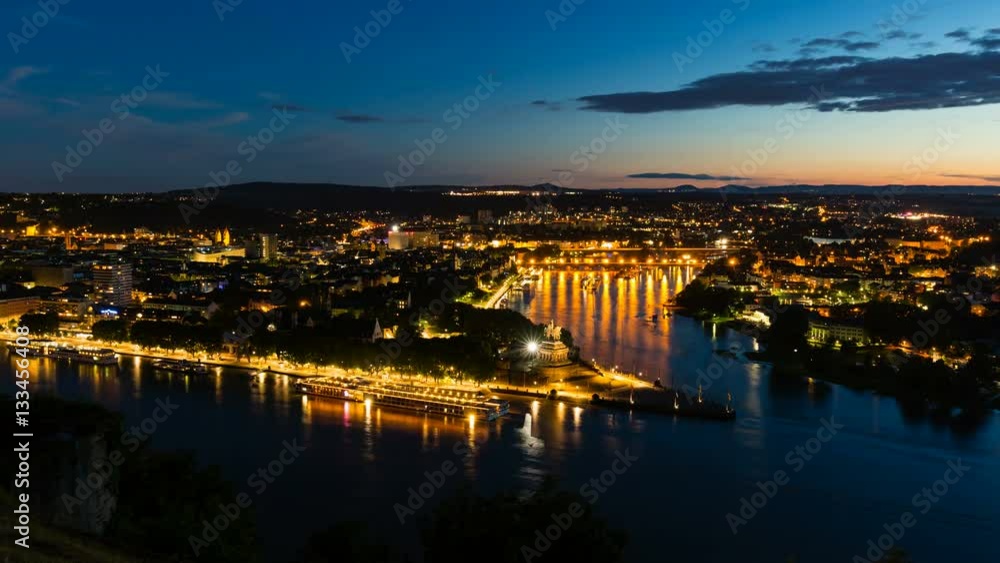 Timelapse sequence of Deutsches Eck and the oldtown of Koblenz, Germany with Rhine and Moselle River in the night in 4K. Timelapse sequence of Deutsches Eck and the oldtown of Koblenz, Germany with Rhine and Moselle River in the night in 4K.
