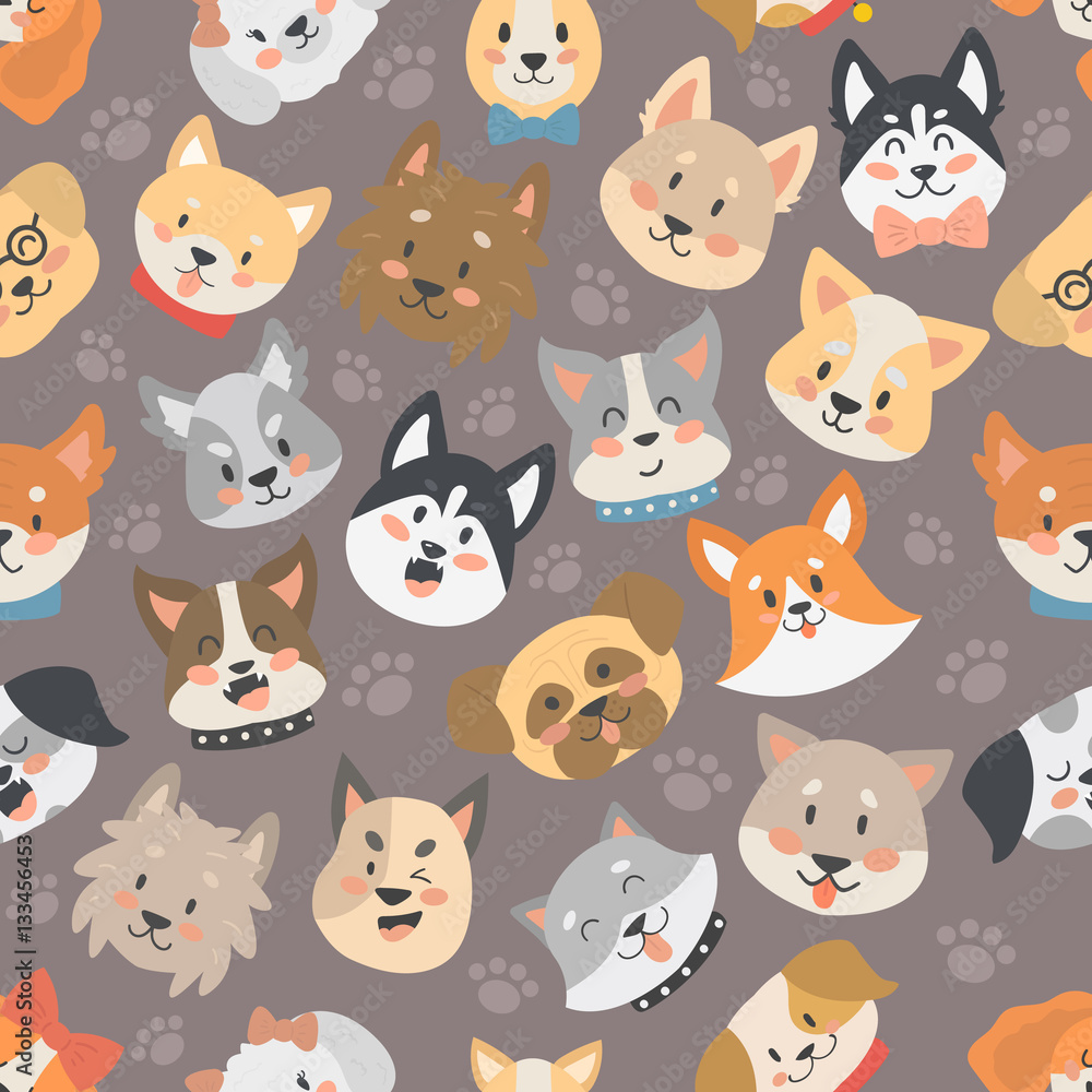 Dogs heads seamless pattern background vector set. Dogs heads seamless pattern background vector set.
