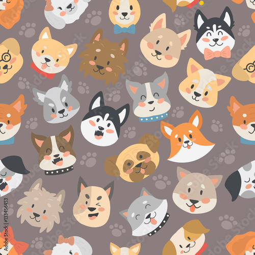 Dogs heads seamless pattern background vector set.