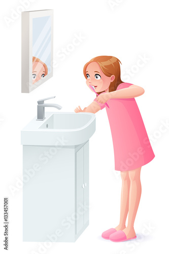 Vector young girl brushing her teeth next to mirror.