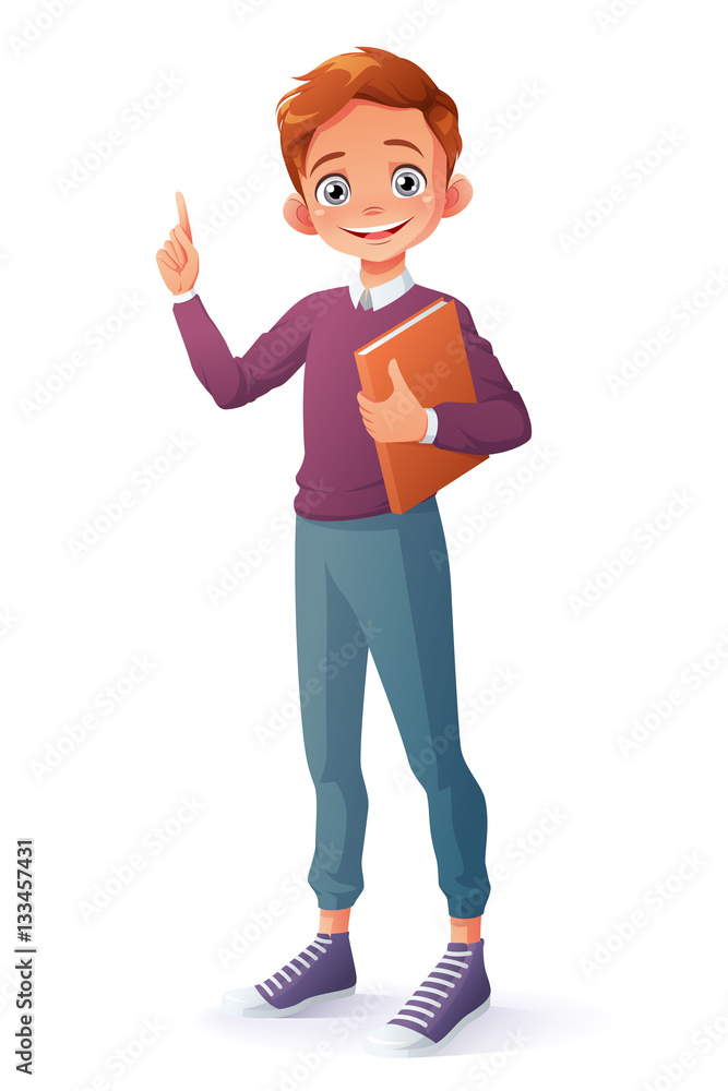 Vector clever smiling boy index finger pointing up with idea. Vector clever smiling boy index finger pointing up with idea.
