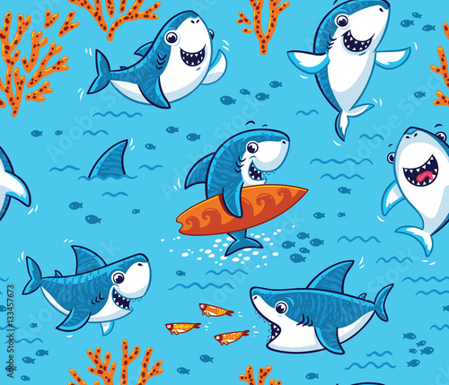 Underwater world with funny sharks background