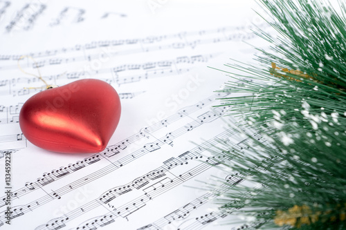 heart shape and pine needles on music sheet