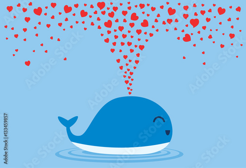 Whales spraying many heart out of their blowholes. Illustration about love and Valentine day.