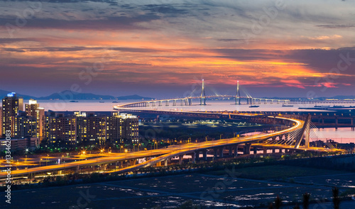 Incheon bridge at Sunset in Aerial view, South Korea.