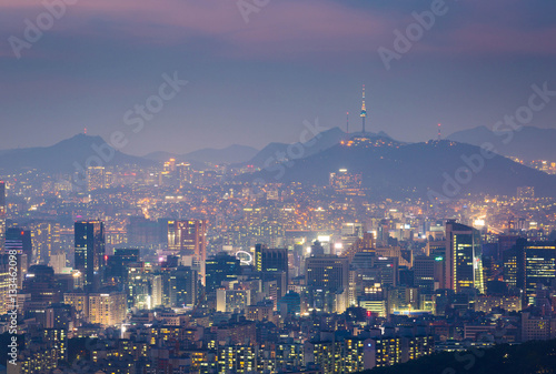 Photography Korea city Skyline and N Seoul Tower in Seoul in Misty day, Sout