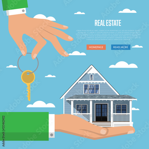 Real estate agent with house model and key vector illustration. Commercial background. Real estate business concept with house. Family dream home. Trading house. Advertising company, online business