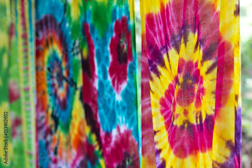 Multi-colored Batik fabric. Tie dye fabric. dry clothes in the sun