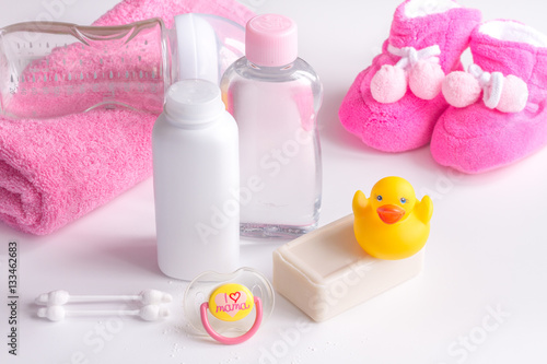 baby organic cosmetic for bath on white bakground