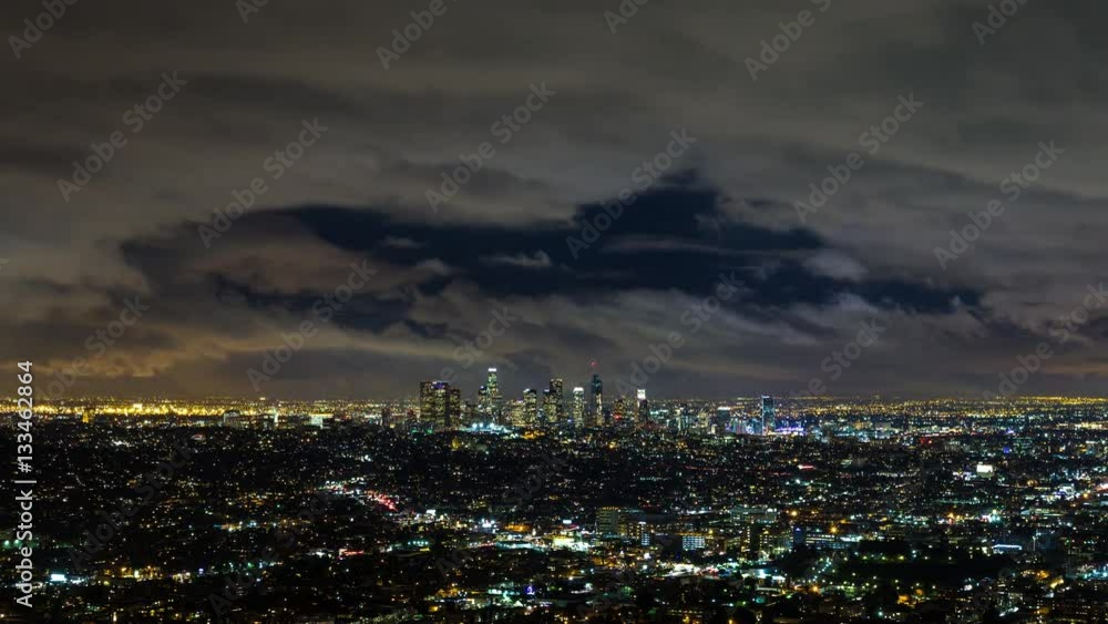 Downtown Los Angeles Skyline at Night with Clouds Timelapse Stock Video ...