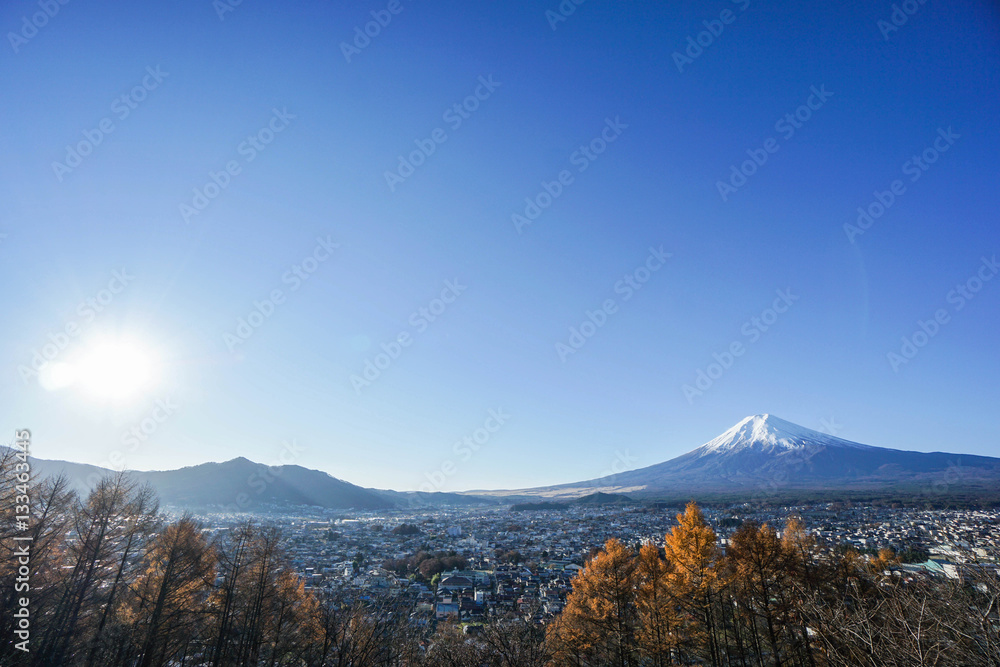 Mt. Fuji view in the morning with bright sunlight in autumn
