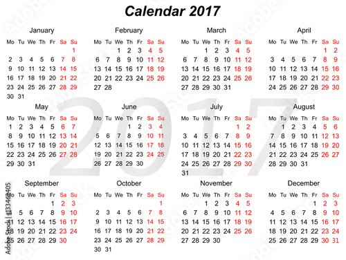 Horizontal calendar for year 2107